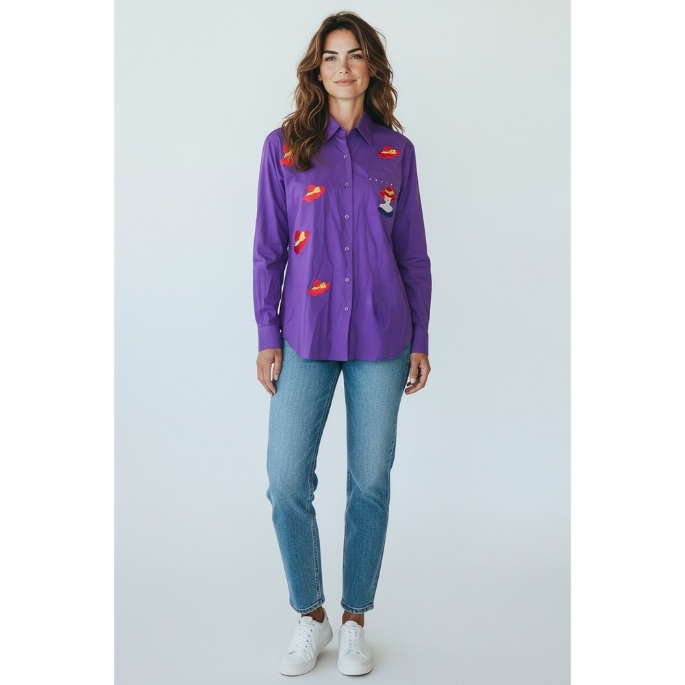 Red Hat Society Purple Button Down Shirt Long Sleeve Embroidered Rhinestone L